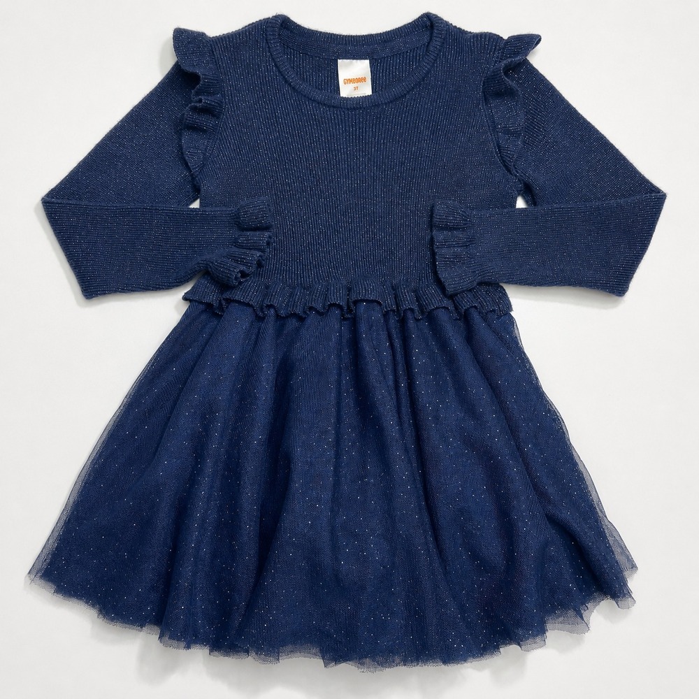 Gymboree Girls 3T Navy Glitter Knit Tutu Dress Ruffle Sleeve Holiday Christmas